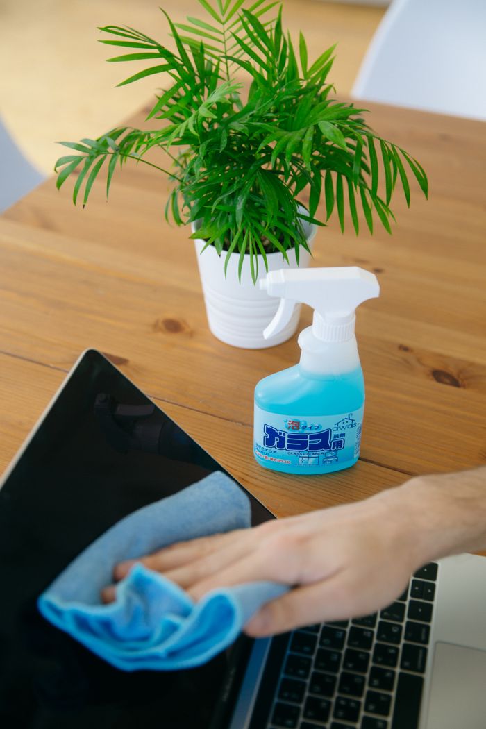 gallery-3 Close-up of a person cleaning a laptop screen with a blue cloth and spray cleaner, next to a houseplant.